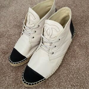 Chanel Two Tone Leather Canvas CC Logo Espadrille Lace Up High Top Sneakers